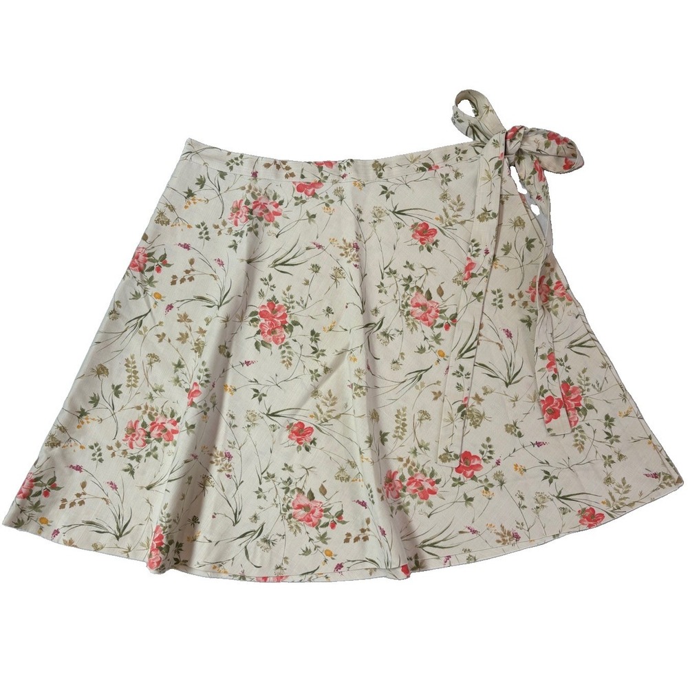 Handmade Linen Wrap Mini Skirt Cream Pink Botanical Wildflower Cottagecore MED